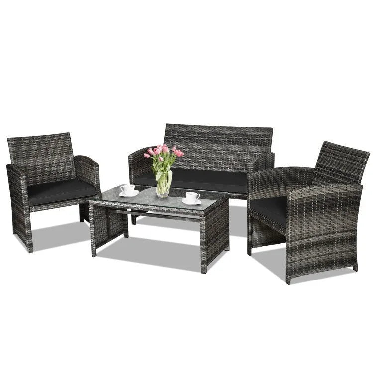 4 Pieces Patio Rattan Furniture Set with Glass Table and Loveseat - 43.5  x 25 x 31  (L x W x H)