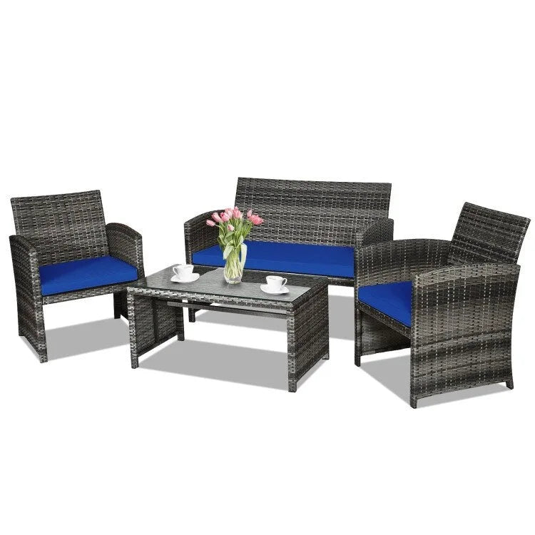 4 Pieces Patio Rattan Furniture Set with Glass Table and Loveseat - 43.5  x 25 x 31  (L x W x H)