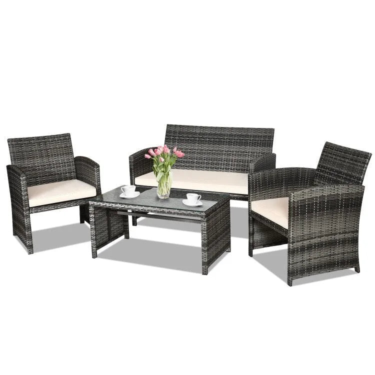 4 Pieces Patio Rattan Furniture Set with Glass Table and Loveseat - 43.5  x 25 x 31  (L x W x H)