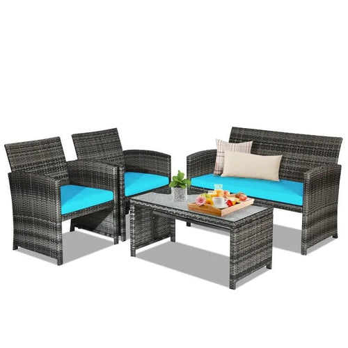 4 Pieces Patio Rattan Furniture Set with Glass Table and Loveseat - 43.5  x 25 x 31  (L x W x H)