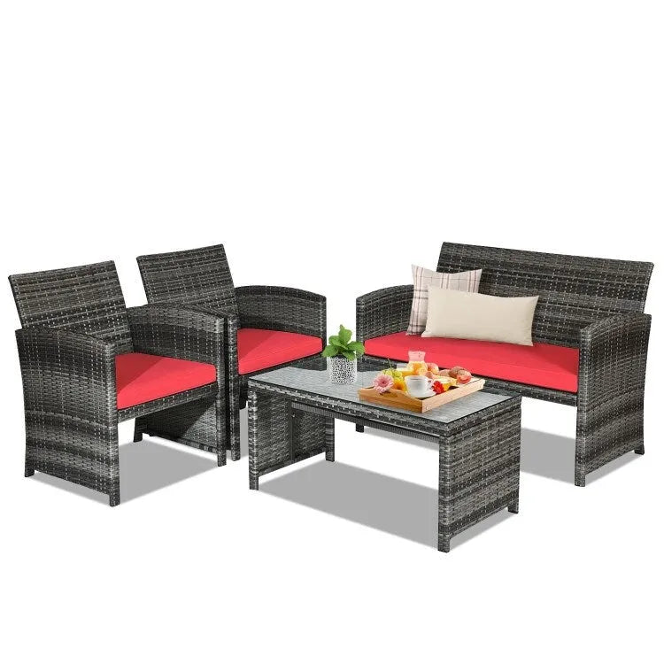 4 Pieces Patio Rattan Furniture Set with Glass Table and Loveseat - 43.5  x 25 x 31  (L x W x H)