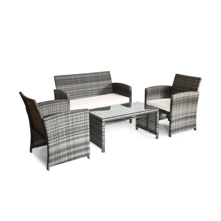 4 Pieces Patio Rattan Furniture Set with Glass Table and Loveseat - 43.5  x 25 x 31  (L x W x H)