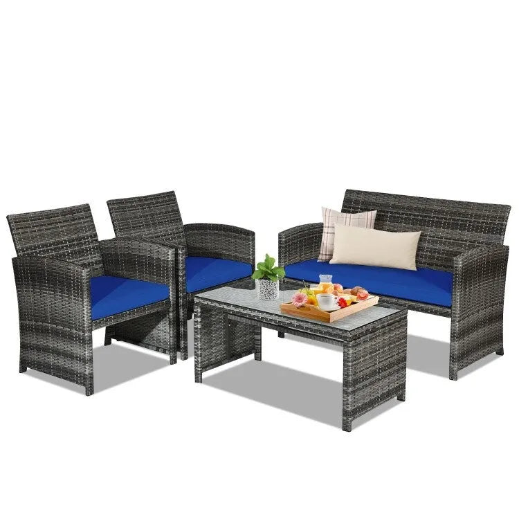 4 Pieces Patio Rattan Furniture Set with Glass Table and Loveseat - 43.5  x 25 x 31  (L x W x H)