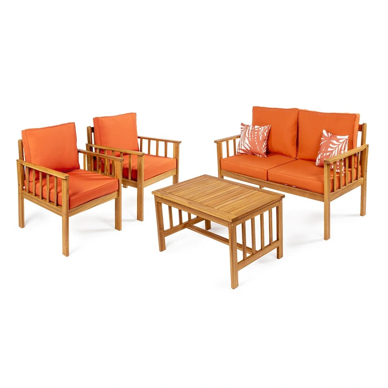 Tavira 4-Piece Modern Cottage Acacia Wood Outdoor Patio Set with Cushions and Tropical Decorative Pillows, by JONATHAN Y