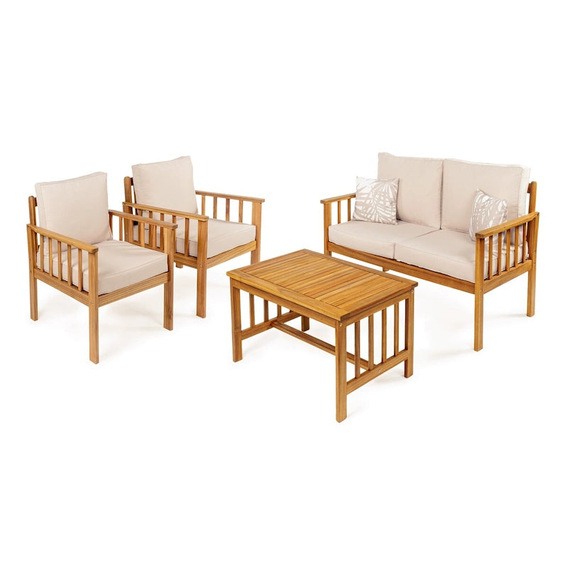 Tavira 4-Piece Modern Cottage Acacia Wood Outdoor Patio Set with Cushions and Tropical Decorative Pillows, by JONATHAN Y
