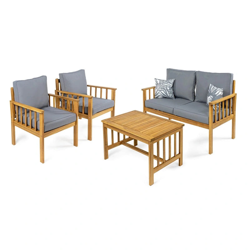 Tavira 4-Piece Modern Cottage Acacia Wood Outdoor Patio Set with Cushions and Tropical Decorative Pillows, by JONATHAN Y