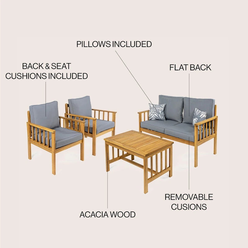 Tavira 4-Piece Modern Cottage Acacia Wood Outdoor Patio Set with Cushions and Tropical Decorative Pillows, by JONATHAN Y