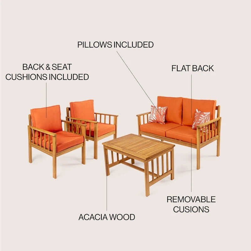 Tavira 4-Piece Modern Cottage Acacia Wood Outdoor Patio Set with Cushions and Tropical Decorative Pillows, by JONATHAN Y