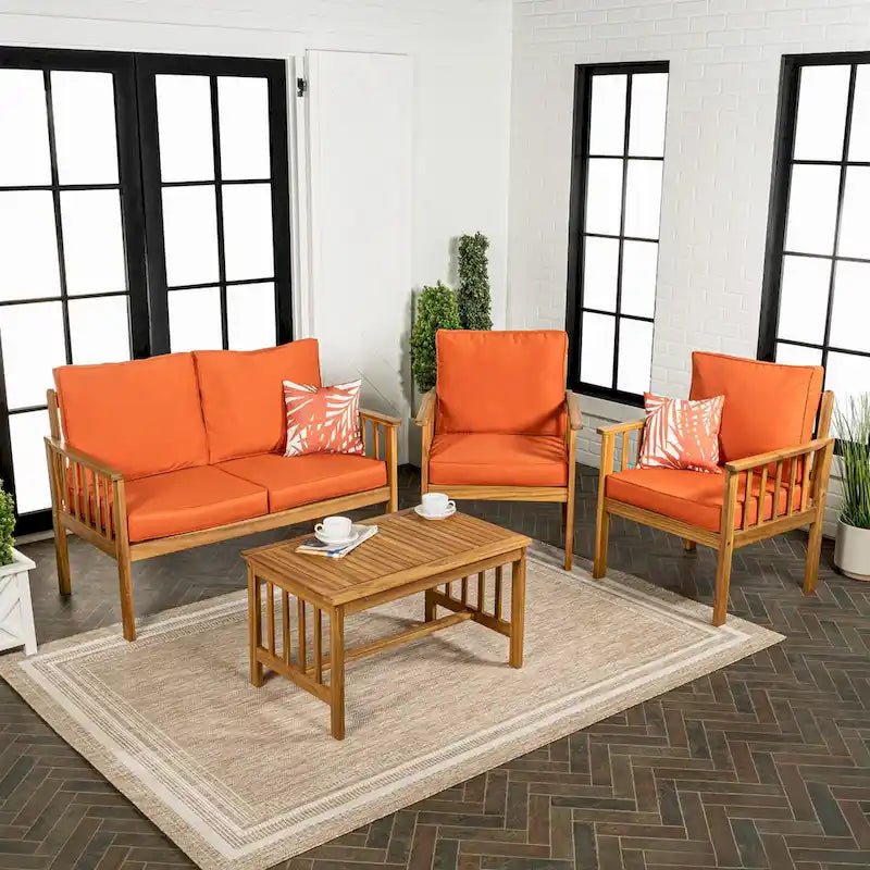 Tavira 4-Piece Modern Cottage Acacia Wood Outdoor Patio Set with Cushions and Tropical Decorative Pillows, by JONATHAN Y