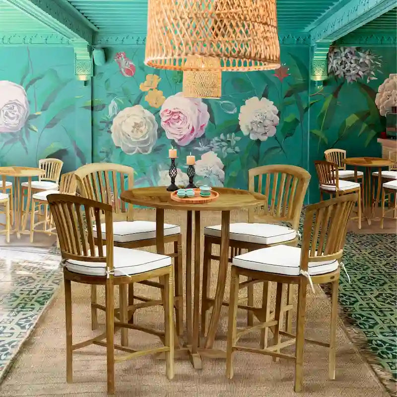 Chic Teak 5 Piece Round Teak Armless Orleans Bar Table/Chair Set With Cushions