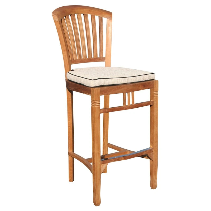 Chic Teak 5 Piece Round Teak Armless Orleans Bar Table/Chair Set With Cushions