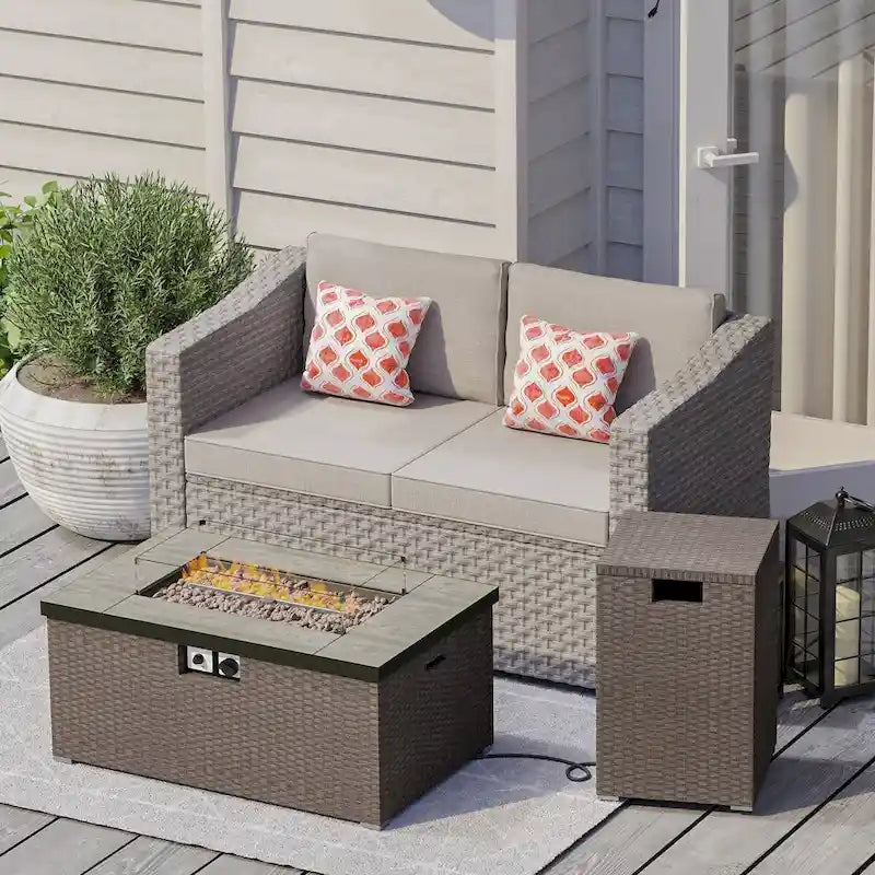COSIEST 3-Piece Outdoor Wicker Cushioned Loveseat with Fire Pit Table Set