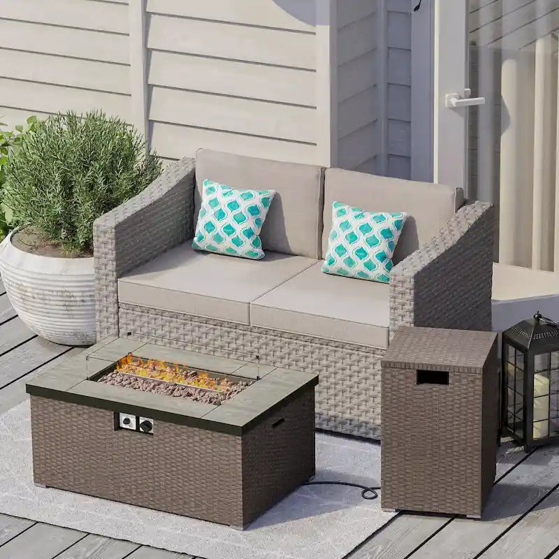 COSIEST 3-Piece Outdoor Wicker Cushioned Loveseat with Fire Pit Table Set