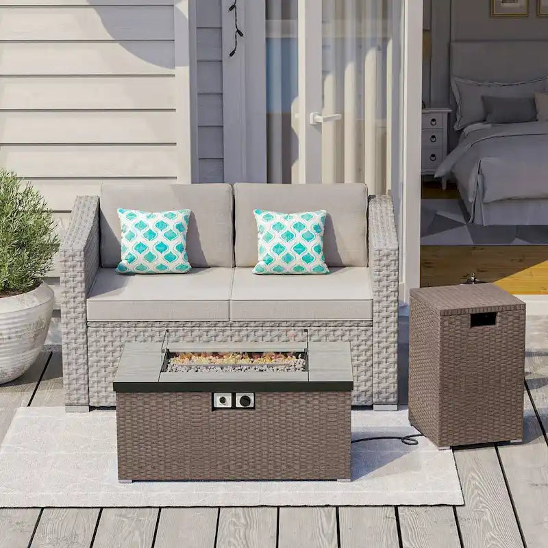 COSIEST 3-Piece Outdoor Wicker Cushioned Loveseat with Fire Pit Table Set