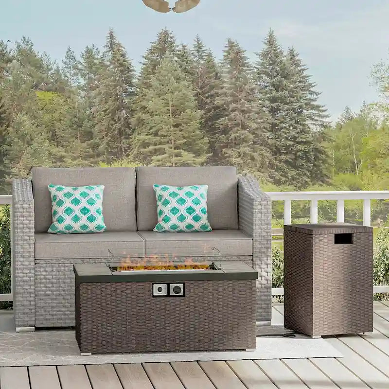 COSIEST 3-Piece Outdoor Wicker Cushioned Loveseat with Fire Pit Table Set