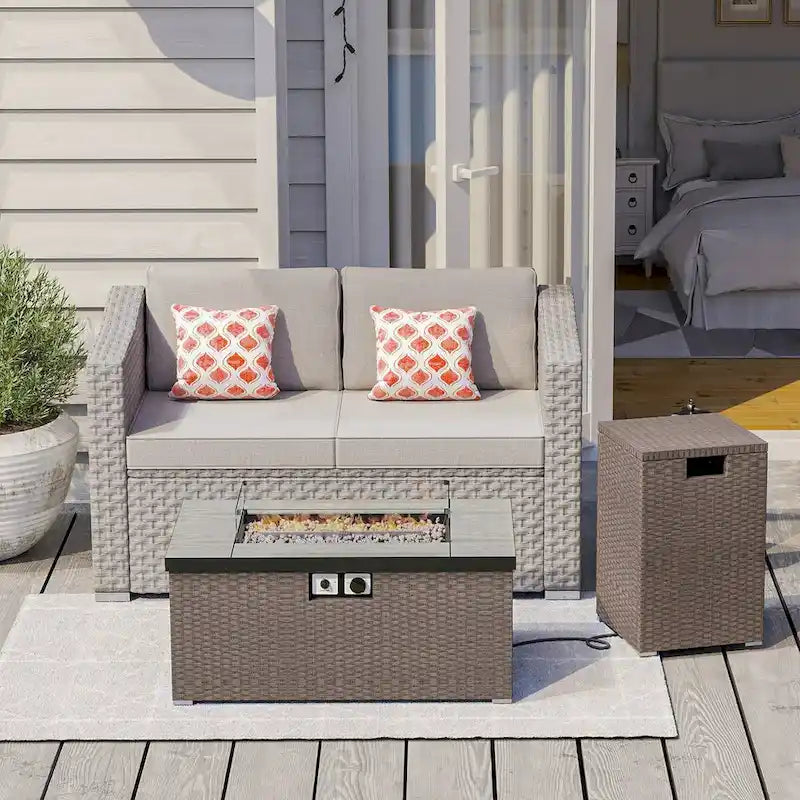 COSIEST 3-Piece Outdoor Wicker Cushioned Loveseat with Fire Pit Table Set