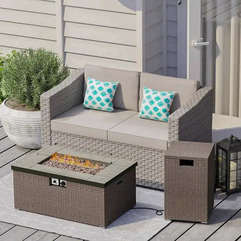 COSIEST 3-Piece Outdoor Wicker Cushioned Loveseat with Fire Pit Table Set