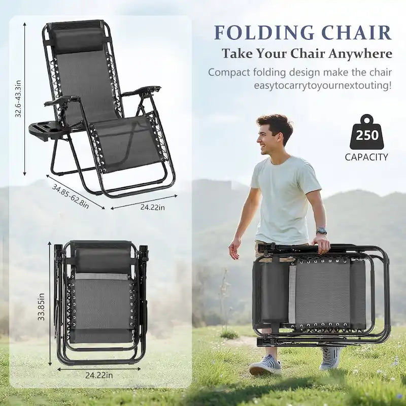 Set Of 2 Zero Gravity Chair, Patio Folding Lawn Outdoor Lounge Camp Reclining Lounge Chair for Poolside Backyard and Beach