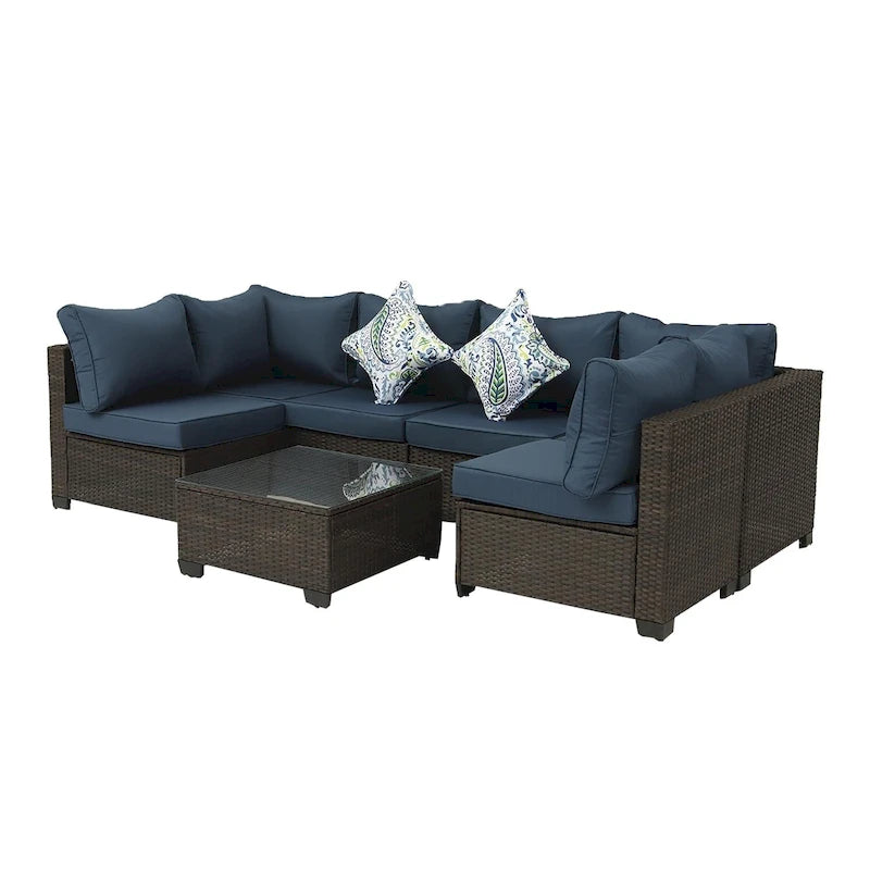 7-Piece Wicker Outdoor Sectional Set with Two Pillows and Coffee Table