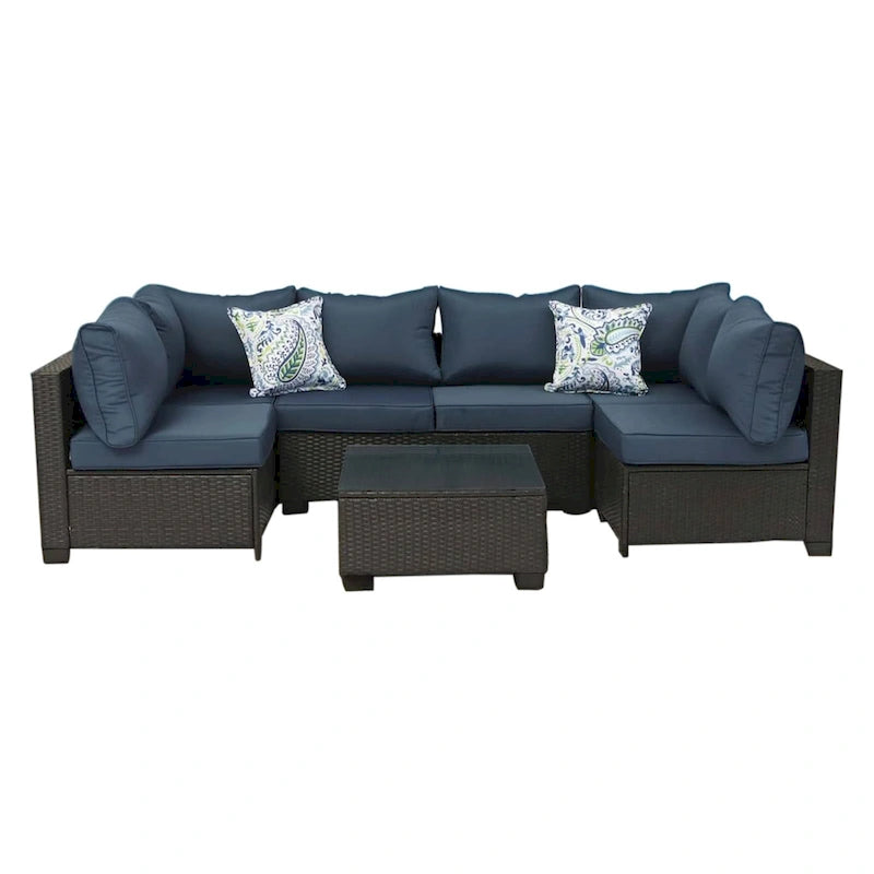 7-Piece Wicker Outdoor Sectional Set with Two Pillows and Coffee Table