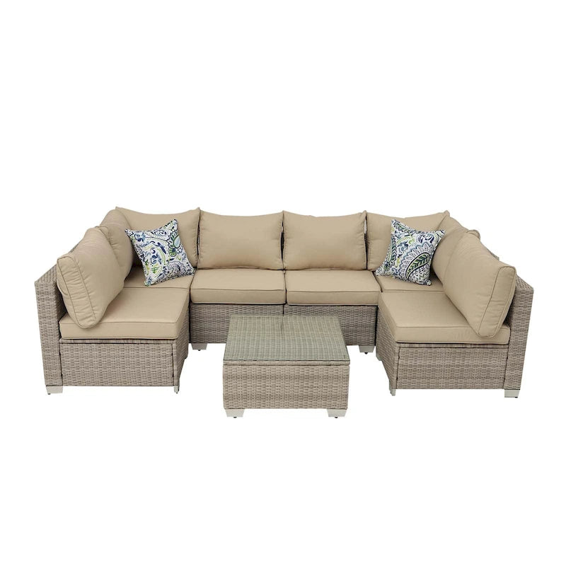 7-Piece Wicker Outdoor Sectional Set with Two Pillows and Coffee Table