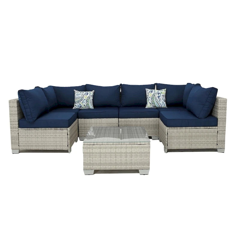7-Piece Wicker Outdoor Sectional Set with Two Pillows and Coffee Table