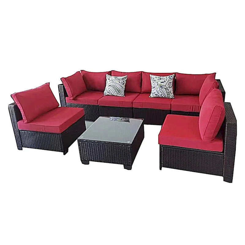 7-Piece Wicker Outdoor Sectional Set with Two Pillows and Coffee Table