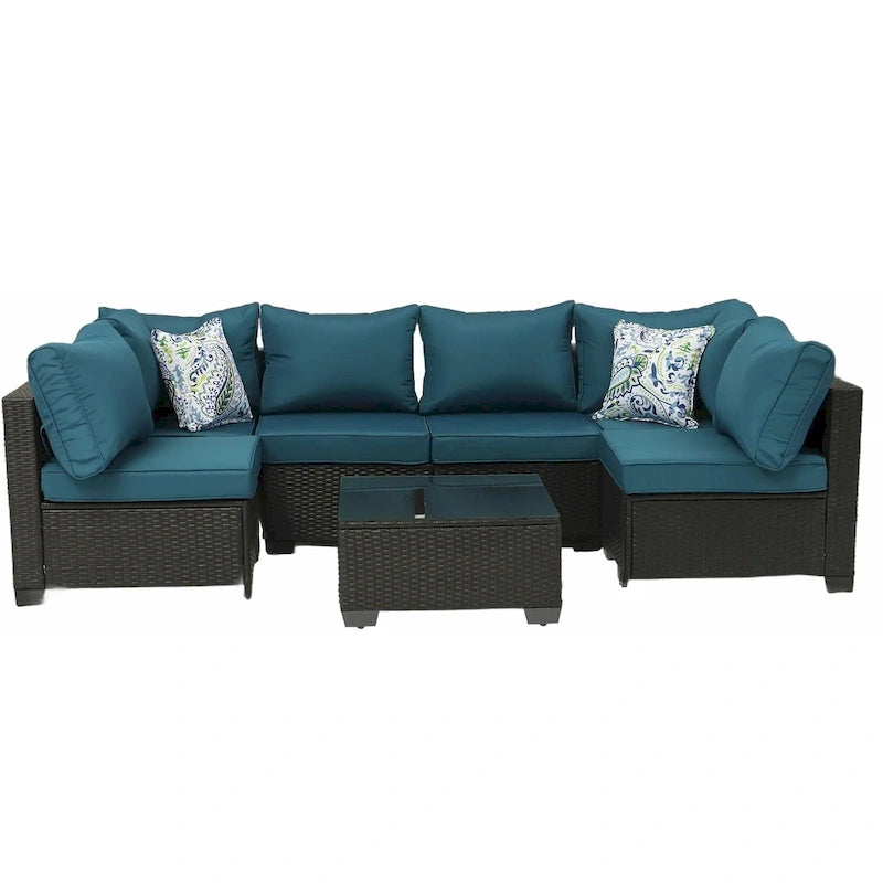 7-Piece Wicker Outdoor Sectional Set with Two Pillows and Coffee Table