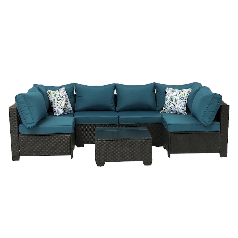 7-Piece Wicker Outdoor Sectional Set with Two Pillows and Coffee Table