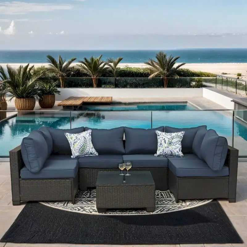 7-Piece Wicker Outdoor Sectional Set with Two Pillows and Coffee Table