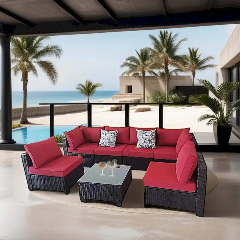 7-Piece Wicker Outdoor Sectional Set with Two Pillows and Coffee Table