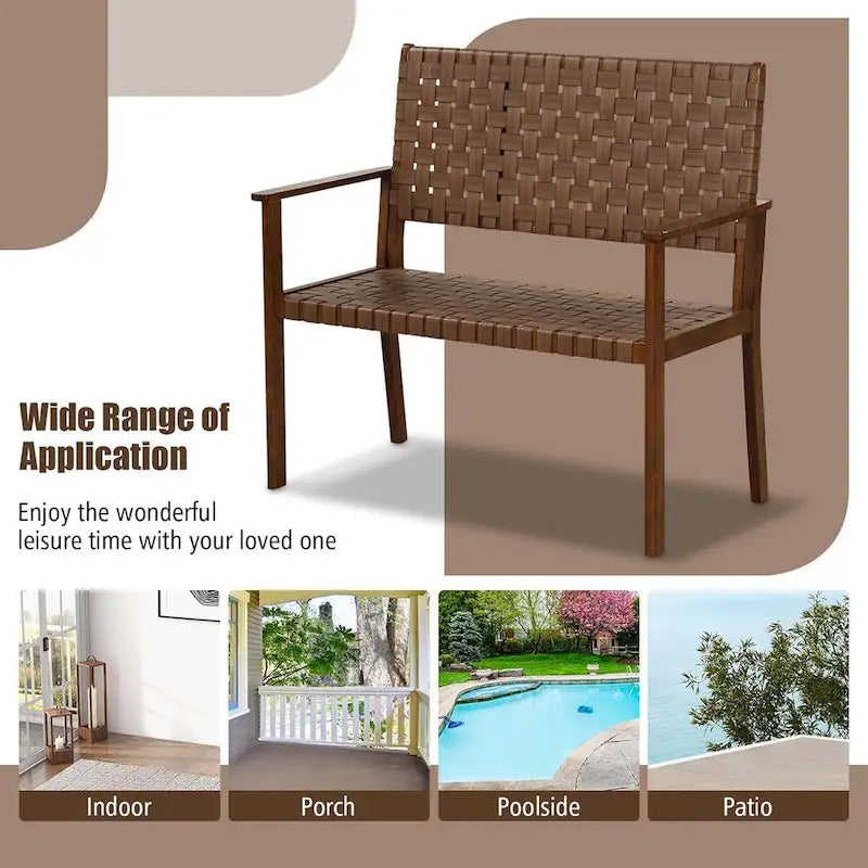 Outdoor All Weather Bench Patio Loveseat Bench w/Hand Woven PU Leather