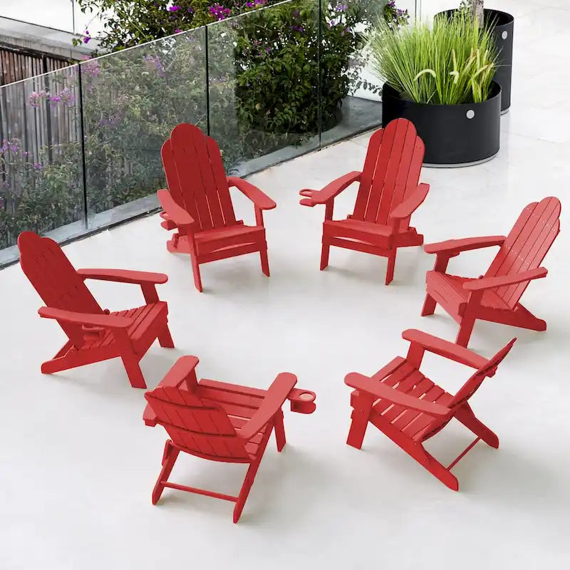 LUE BONA Foldable HDPS Weather Resistant Patio Adirondack Chairs With Cup Holder Set of 6 - 35 D x 30 W x 36.2 H