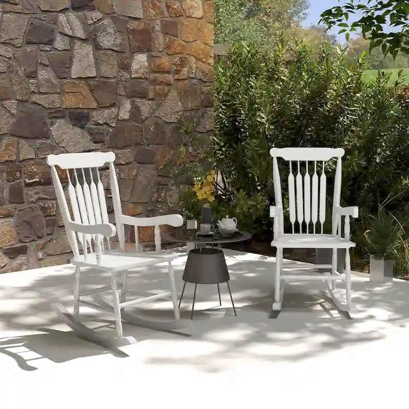 Outsunny Outdoor Wood Rocking Chairs Set of 2, 350 lbs. Porch Rockers with High Back for Garden, Patio, Balcony, White