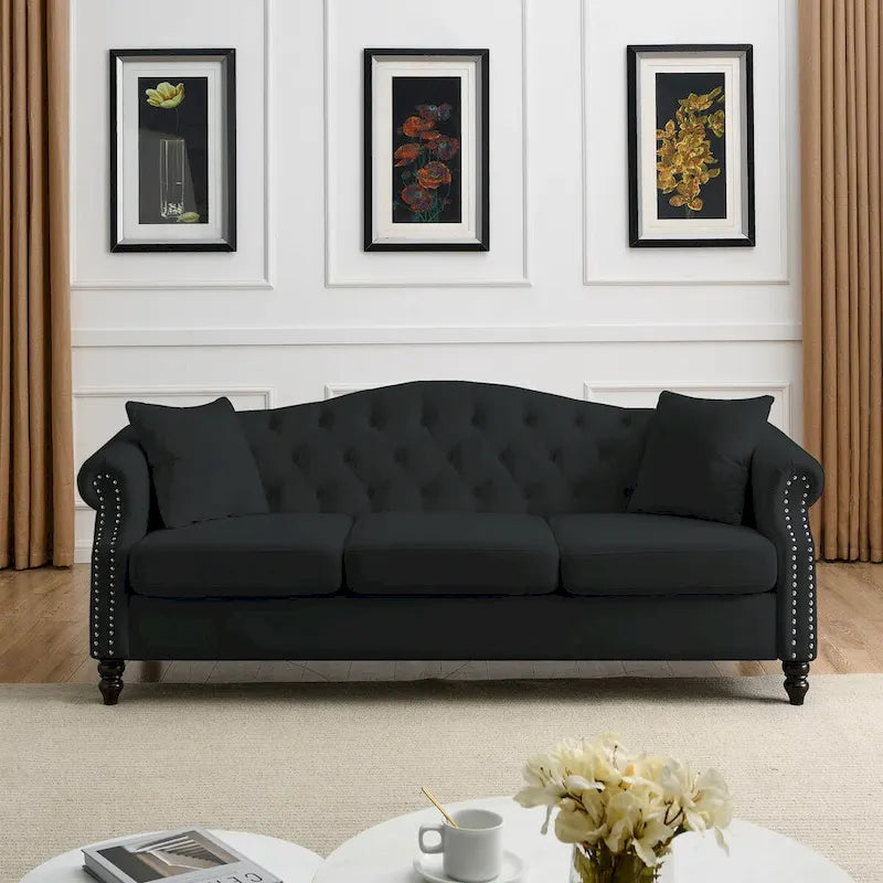 Chesterfield Sofa Black Velvet for Living Room