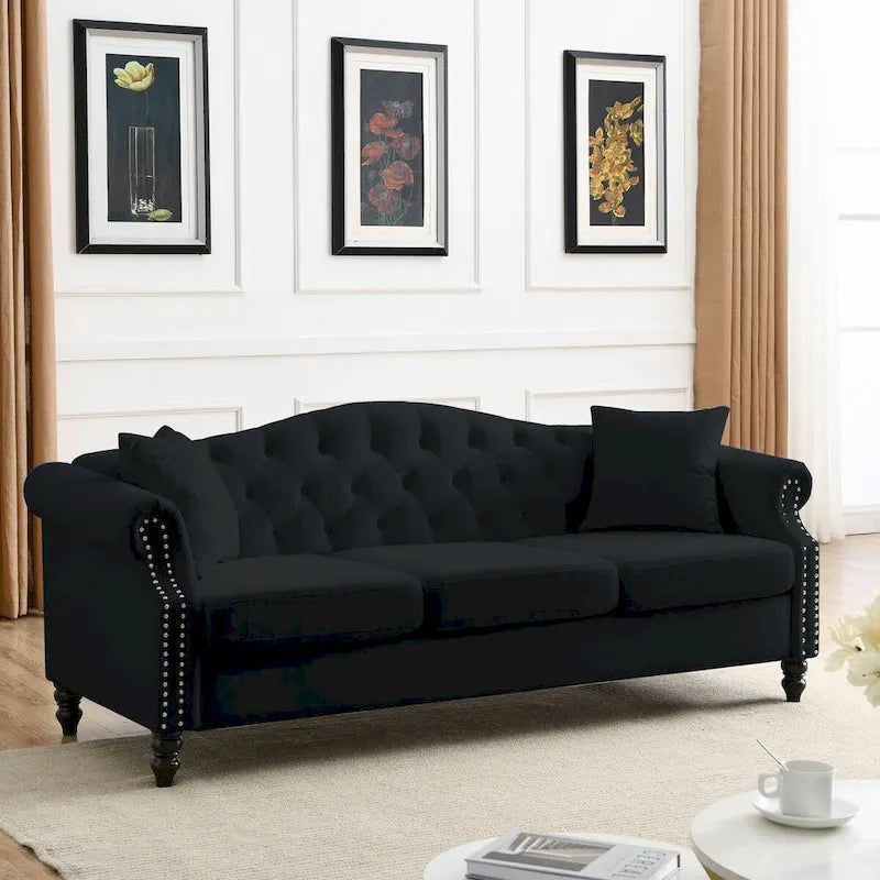 Chesterfield Sofa Black Velvet for Living Room