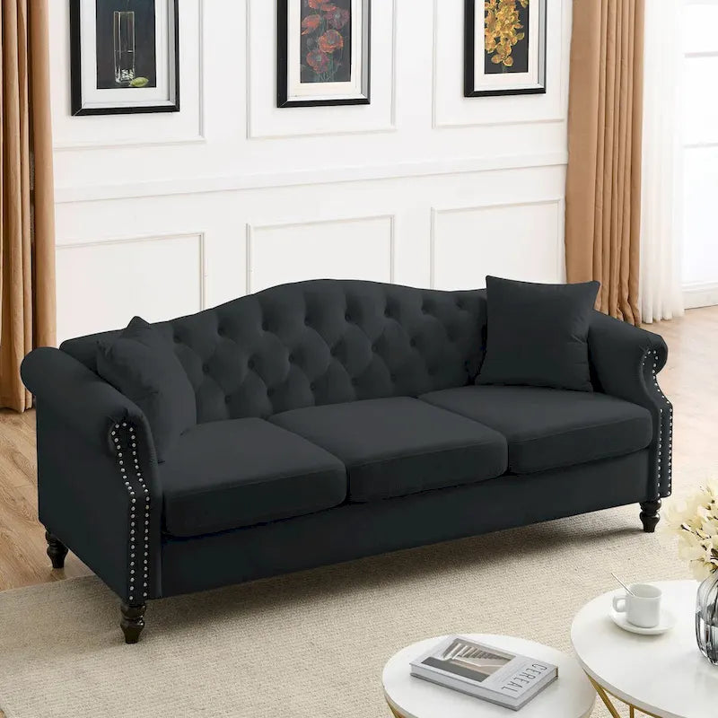 Chesterfield Sofa Black Velvet for Living Room