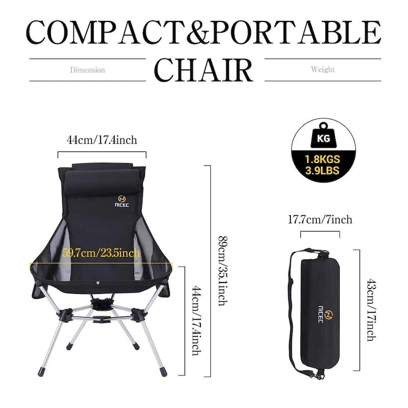 Ultralight High Back Folding Camping Chair, Backpacking Chair, Compact & Heavy Duty Outdoor with 2 Side Pockets