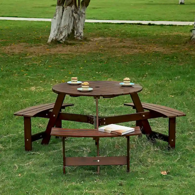 Round Picnic Table with 3 Built-in Benches