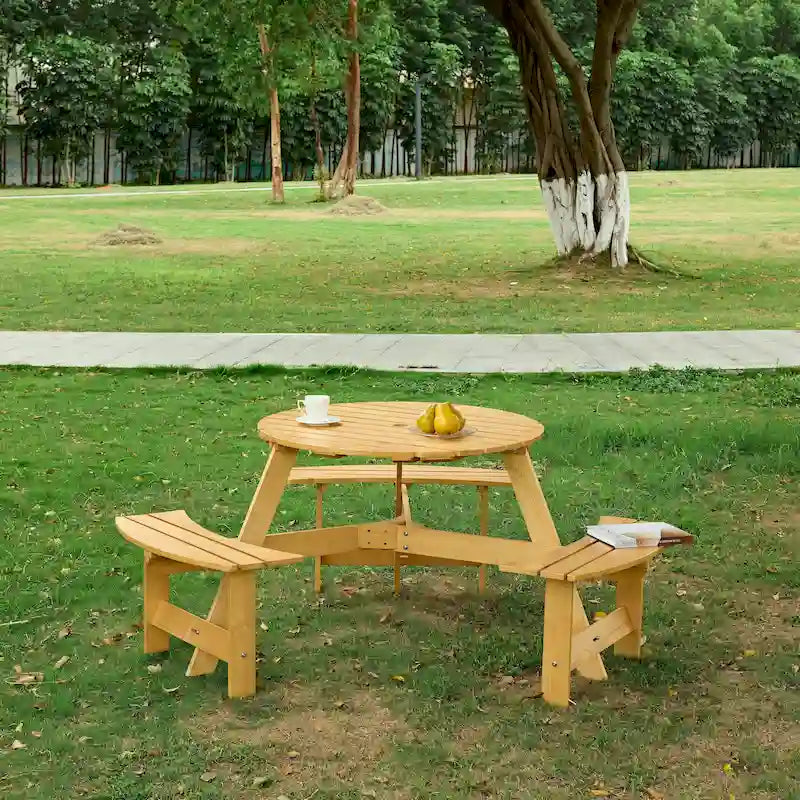Round Picnic Table with 3 Built-in Benches