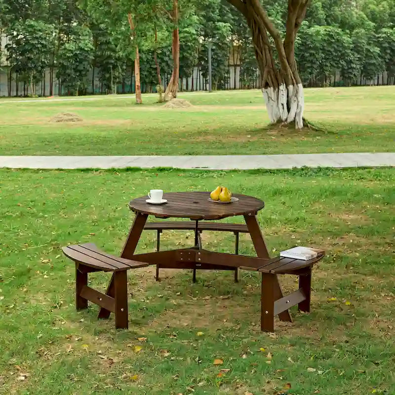 Round Picnic Table with 3 Built-in Benches