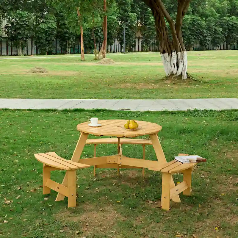 Round Picnic Table with 3 Built-in Benches