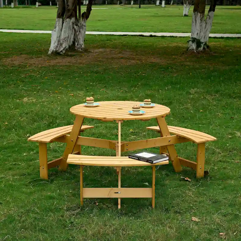 Round Picnic Table with 3 Built-in Benches