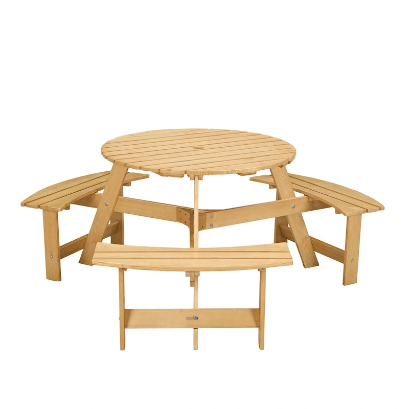 Round Picnic Table with 3 Built-in Benches