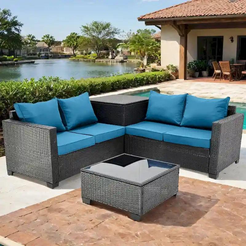 4-Pieces Black Wicker Outdoor Sectional Set with Cushions and Storage Box