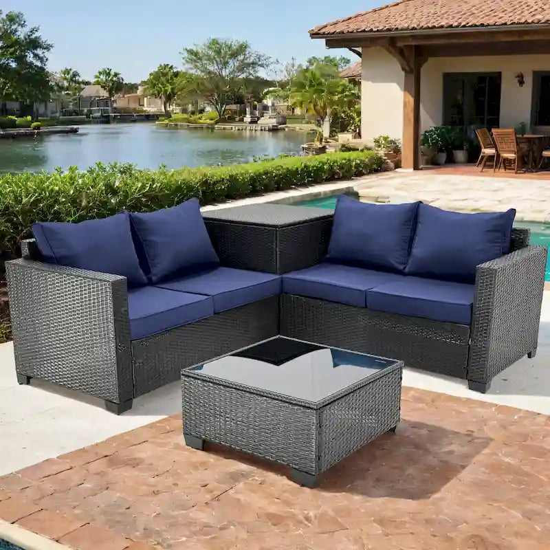 4-Pieces Black Wicker Outdoor Sectional Set with Cushions and Storage Box