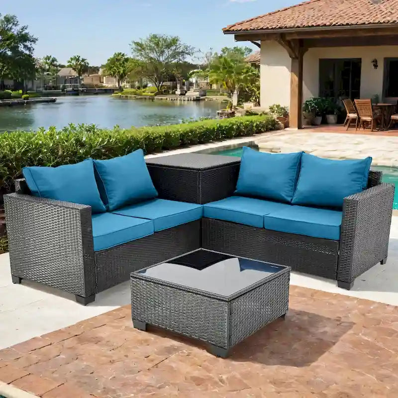 4-Pieces Black Wicker Outdoor Sectional Set with Cushions and Storage Box