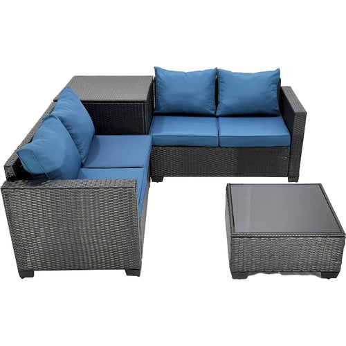 4-Pieces Black Wicker Outdoor Sectional Set with Cushions and Storage Box