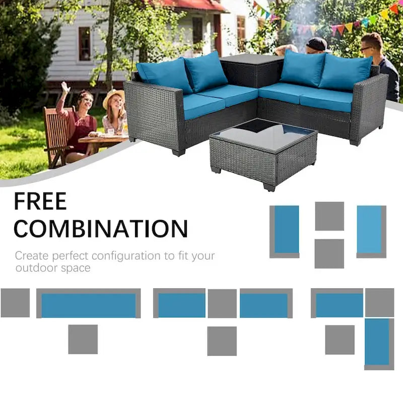 4-Pieces Black Wicker Outdoor Sectional Set with Cushions and Storage Box
