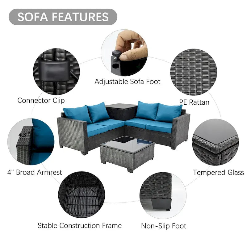 4-Pieces Black Wicker Outdoor Sectional Set with Cushions and Storage Box
